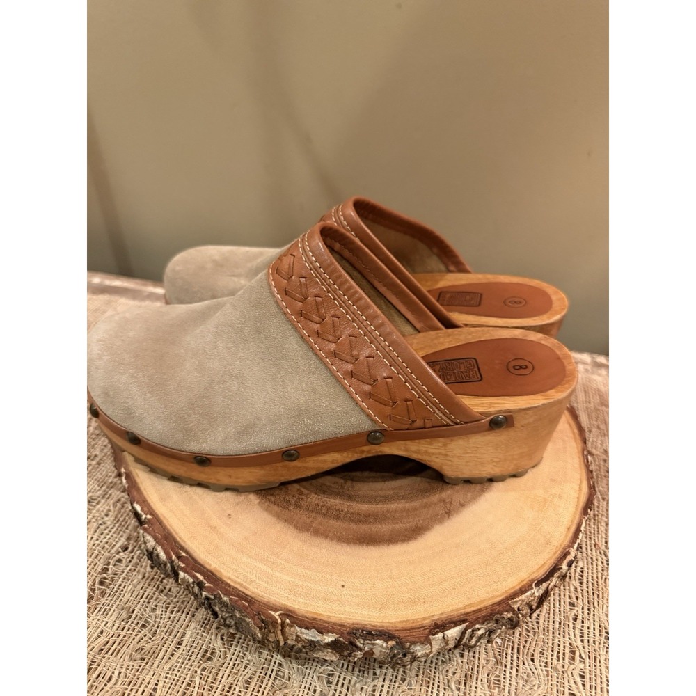 Faded Glory Vintage Clogs 8 Y2K Tan Suede Leather Braided Boho Wooden Chunky SB1